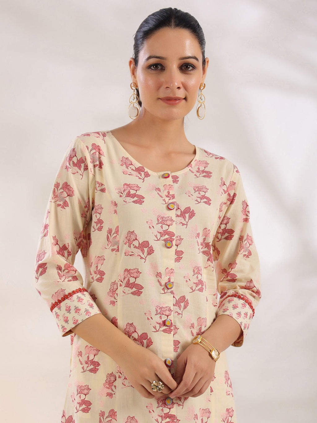 Yufta Cream And Pink Pure Cotton Floral Print A-Line Kurta Trouser Set