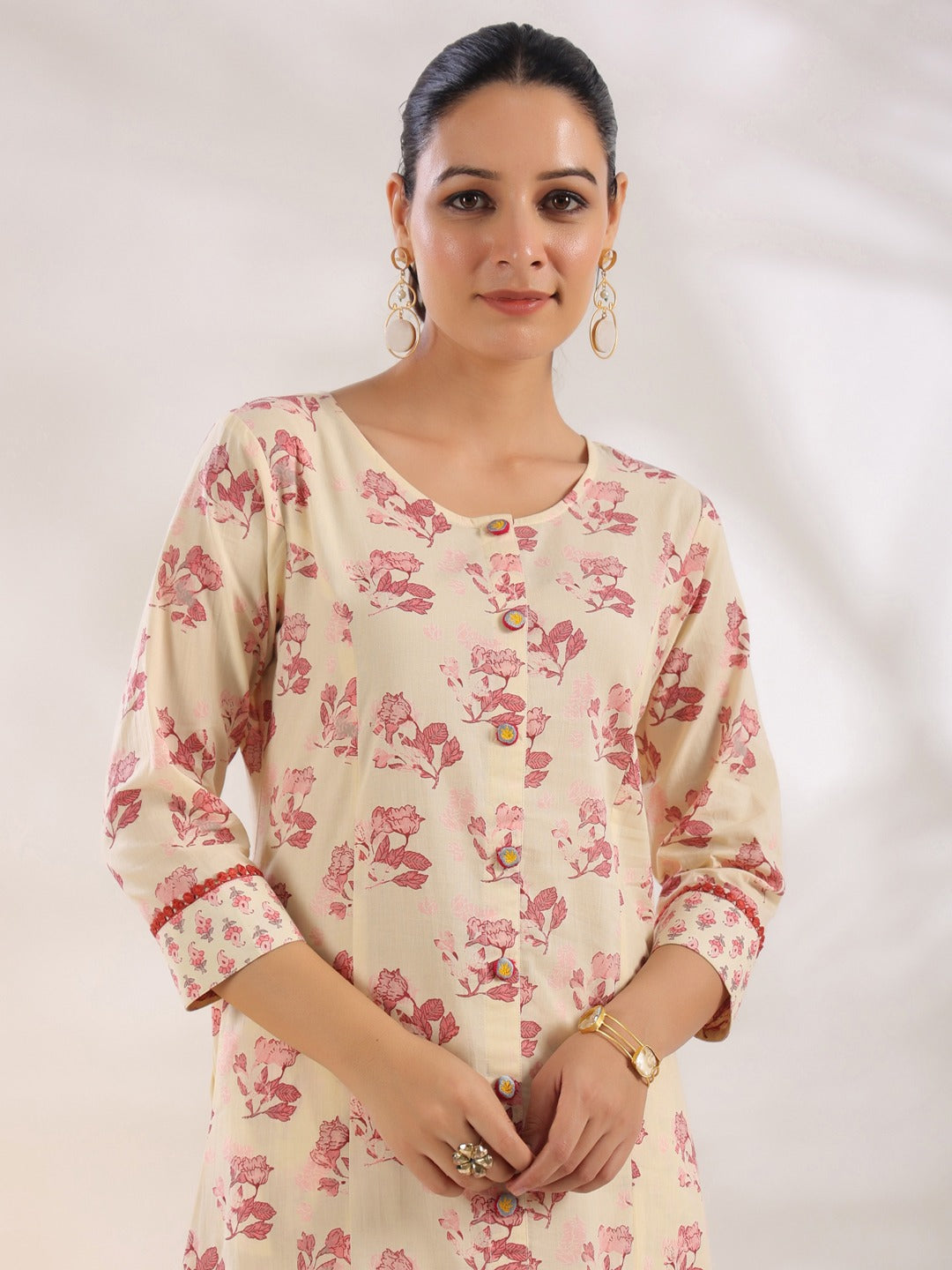 Yufta Cream And Pink Pure Cotton Floral Print A-Line Kurta Trouser Set