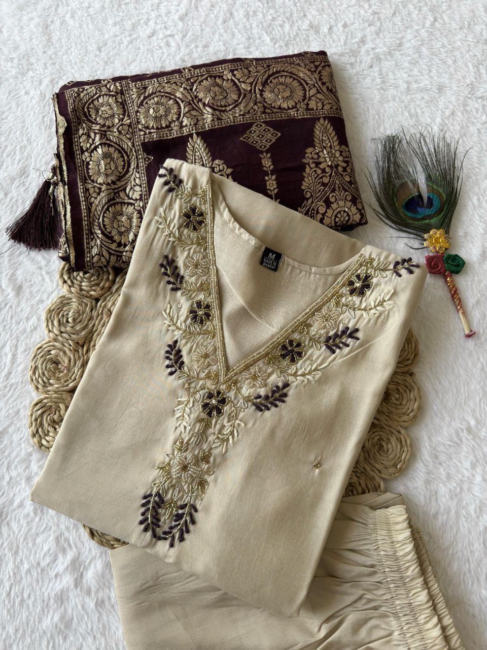 Lorenvalley Fashion Cream Roman Silk Hand Work Kurta Pant with Dupatta