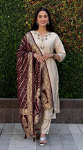 Lorenvalley Fashion Cream Roman Silk Hand Work Kurta Pant with Dupatta