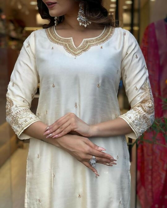 The52 White Beautiful Embroidered Viscose Chanderi Fabric Straight Kurta Pant with Dupatta Set