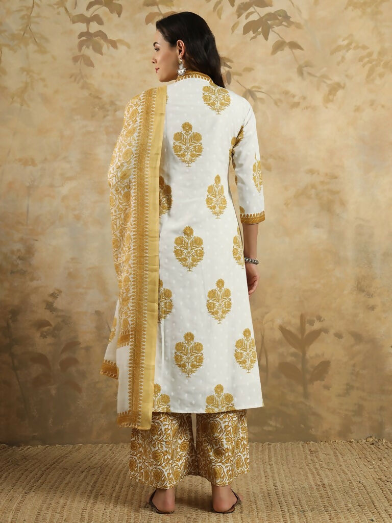 Yellow Cotton Blend Printed Anarkali Suit with Dupatta - Rashmika