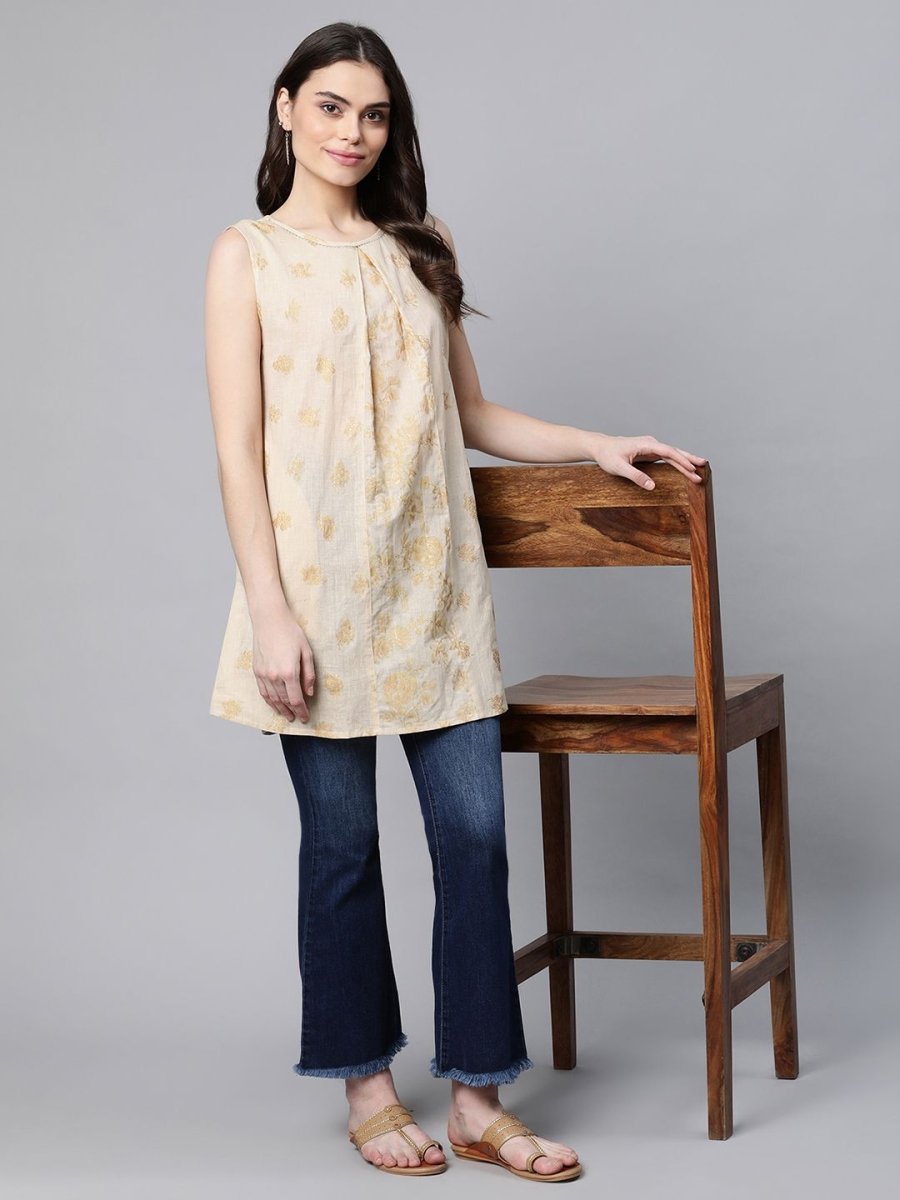 Ahalyaa Women Beige Pure Cotton Floral Printed Tunic