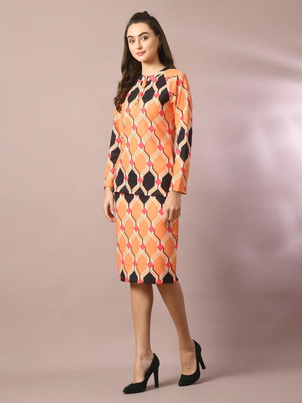 Myshka Women's Multi Printed Round Neck Party Top With Skirt Co-ord set