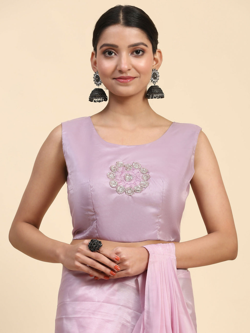 Light Lavendar Satin Solid Ready to wear Saree with stitched Blouse - Vanita