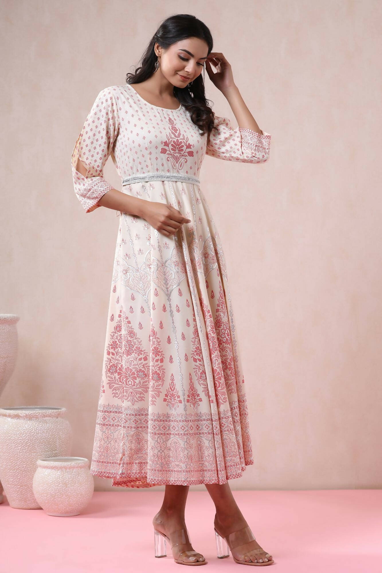 Juniper Women Ivory American Crepe Printed Flared Dress