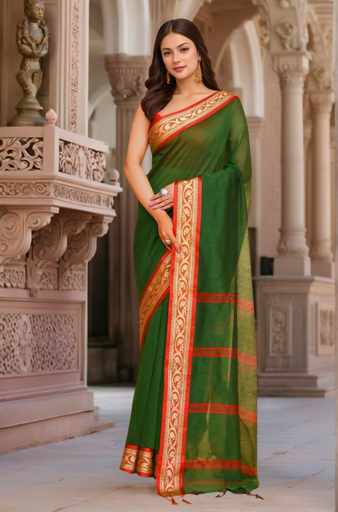 Joban Fashion Women Green & Red Trendy Cotton Saree