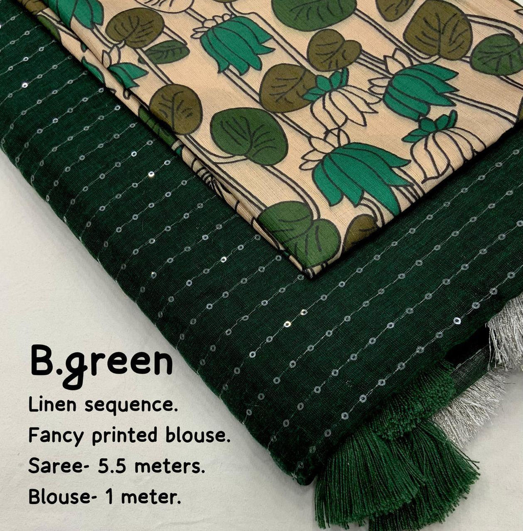 Green Linen Sequence Saree with Unstitched Blouse - Hiral Fashion