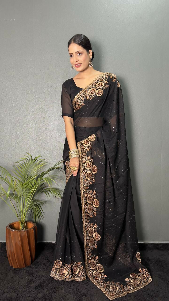 Vastranavya Black Rangoli Silk Zari work with DMC Swarovski work Ready to Wear Saree