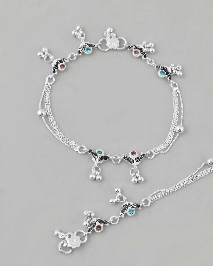 VOJ Set of 2 Designer Mutli Color Stone Studded Anklet