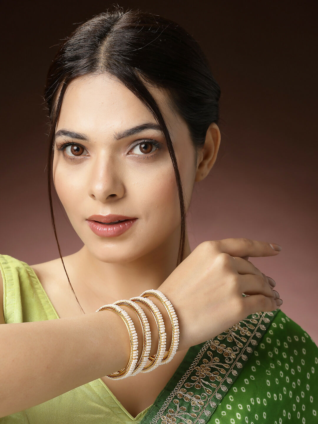 NVR Women's Set of 4 Gold-Polished Pearl Handcrafted Traditional Bangles