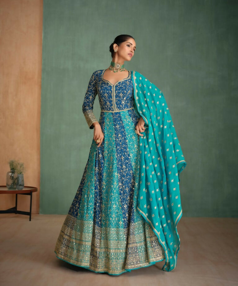 Vastranavya Blue Embroidered Sequence Work With swarovski Diamond Anarkali Salwar Suit Set