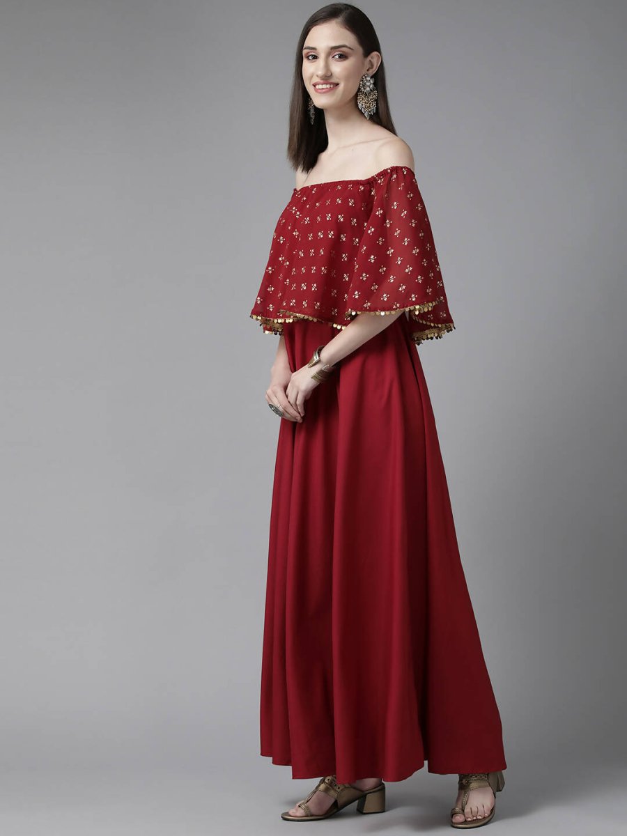 Ahalyaa Womens Maroon Cotton Blend Gold Printed Dress