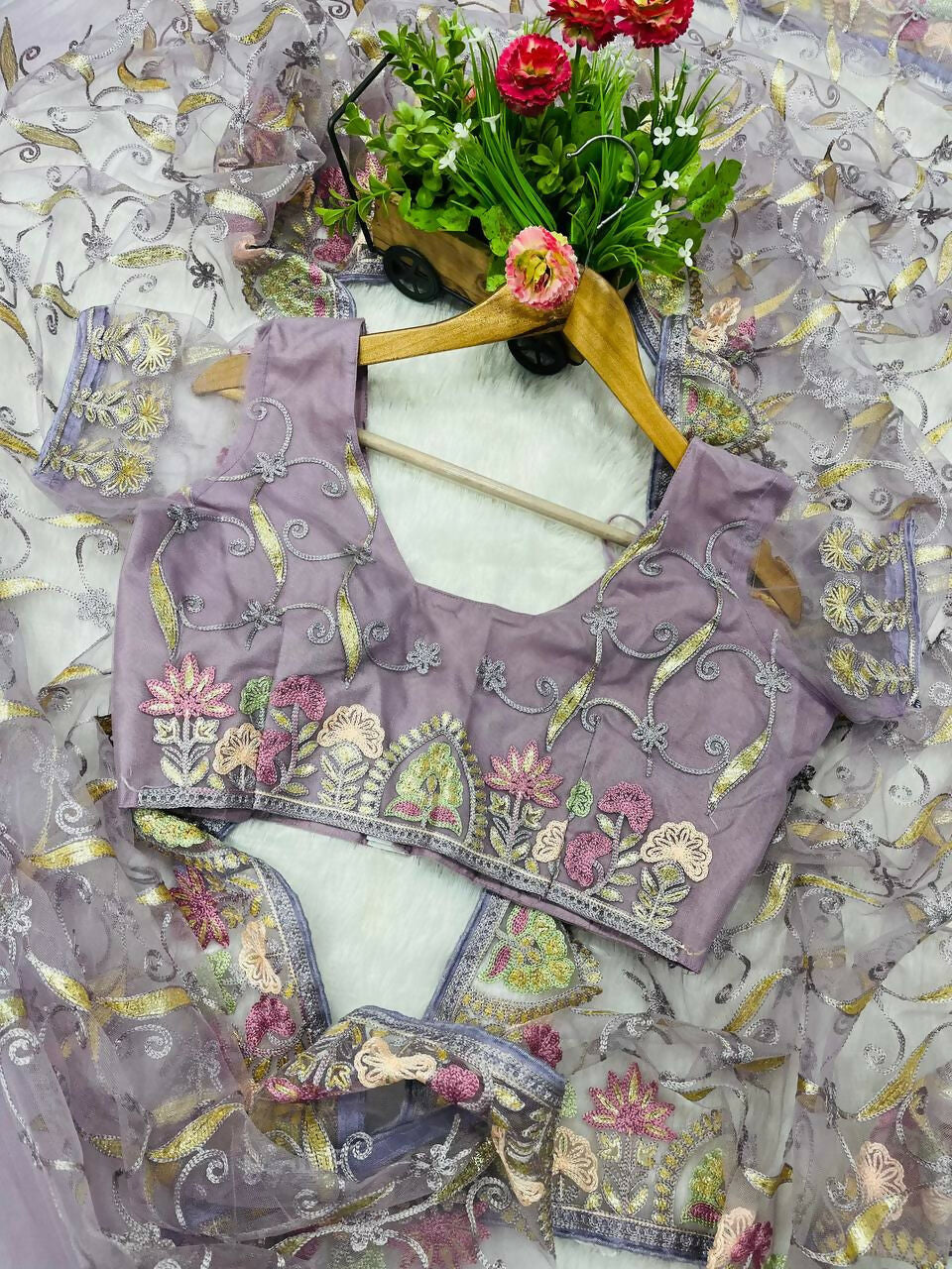 Vastranavya Soft Crush Georgette With Embroidery and Foil Multi Thread Work Saree - Lavender