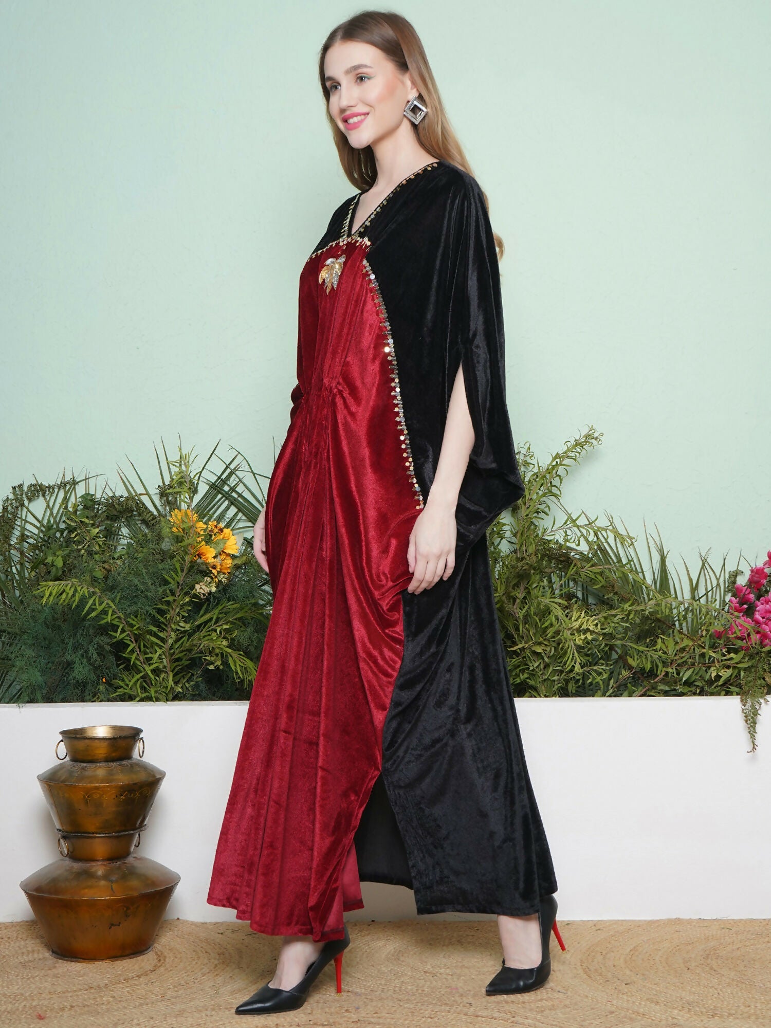 Joban Fashion Black And Maroon Hand Embellished Gown