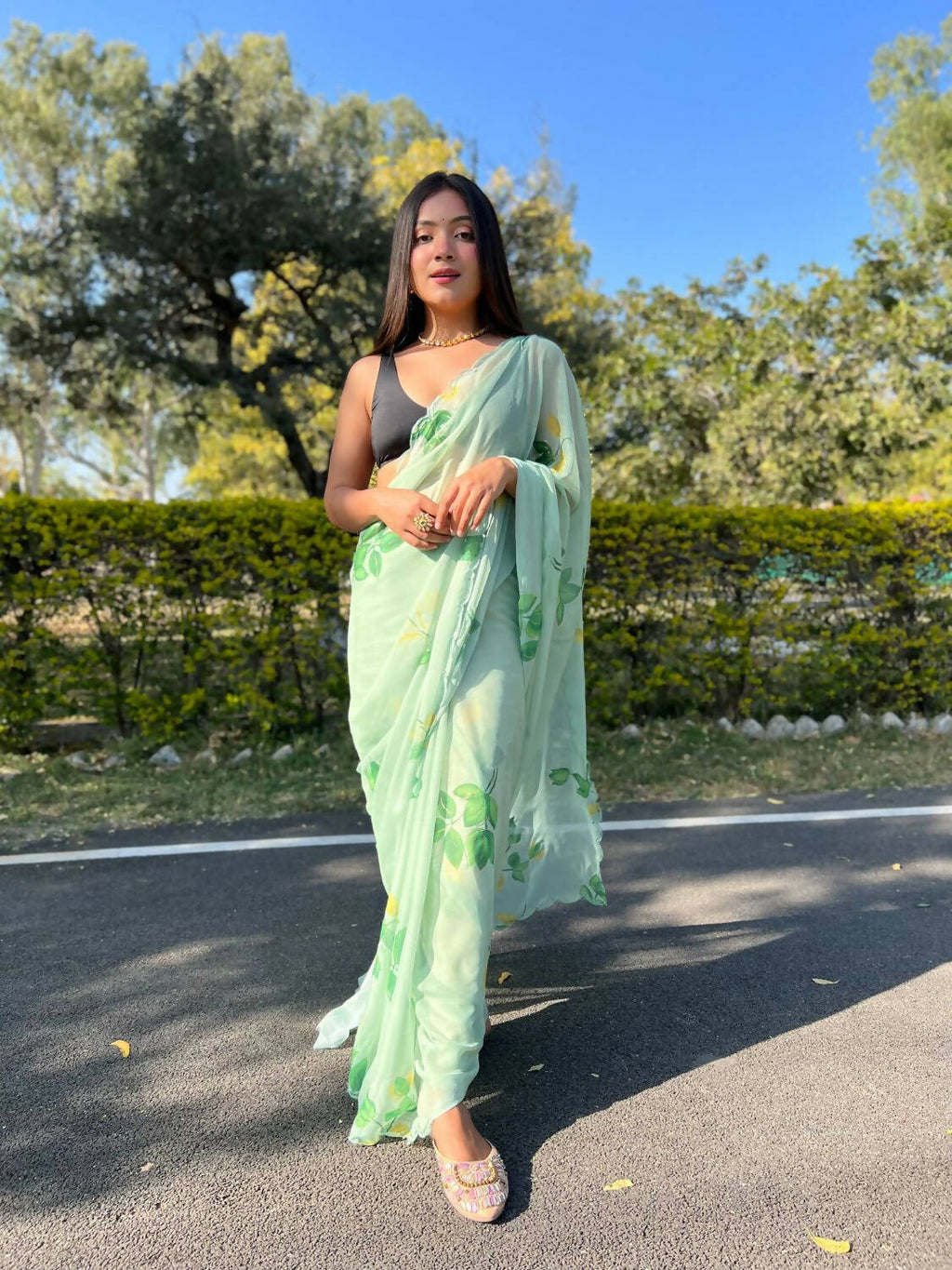 Vamsee Green Chiffon Designer Saree