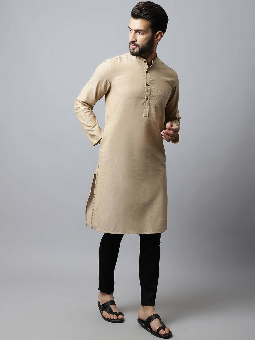 Even Apparels Beige Color Pure Cotton Men's Kurta With Band Collar (SLD1196)