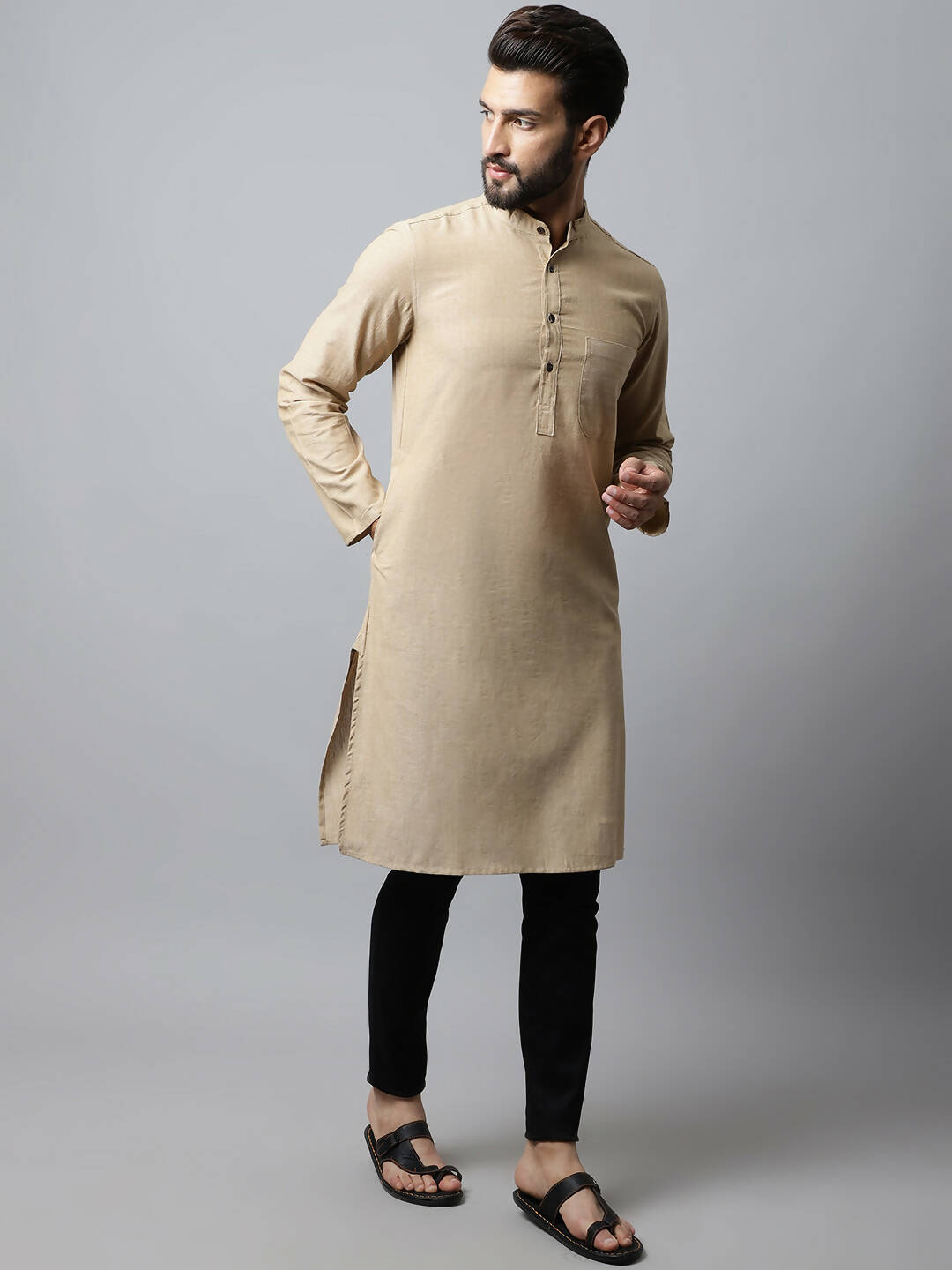 Even Apparels Beige Color Pure Cotton Men's Kurta With Band Collar (SLD1196)