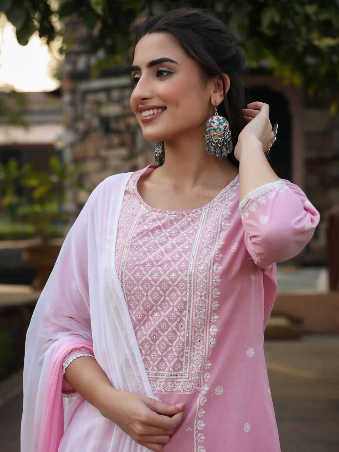 Juniper Women's Pink Cambric Floral Print Kurta Straight Pant And Duptta Sets