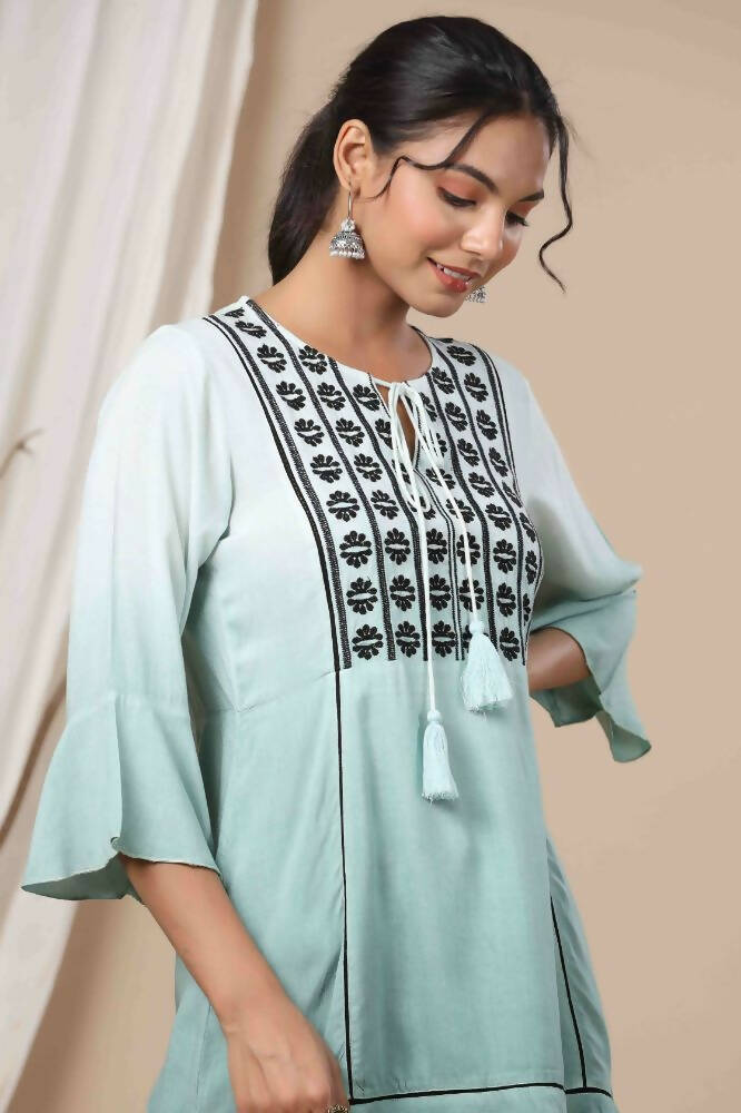 Juniper Sage Green Rayon Festive Embroidered Tiered Tunic For Women