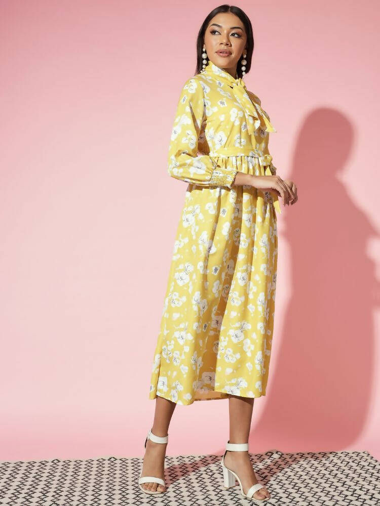 Myshka Women Yellow Floral Rayon A-Line Shirt Collar Dress