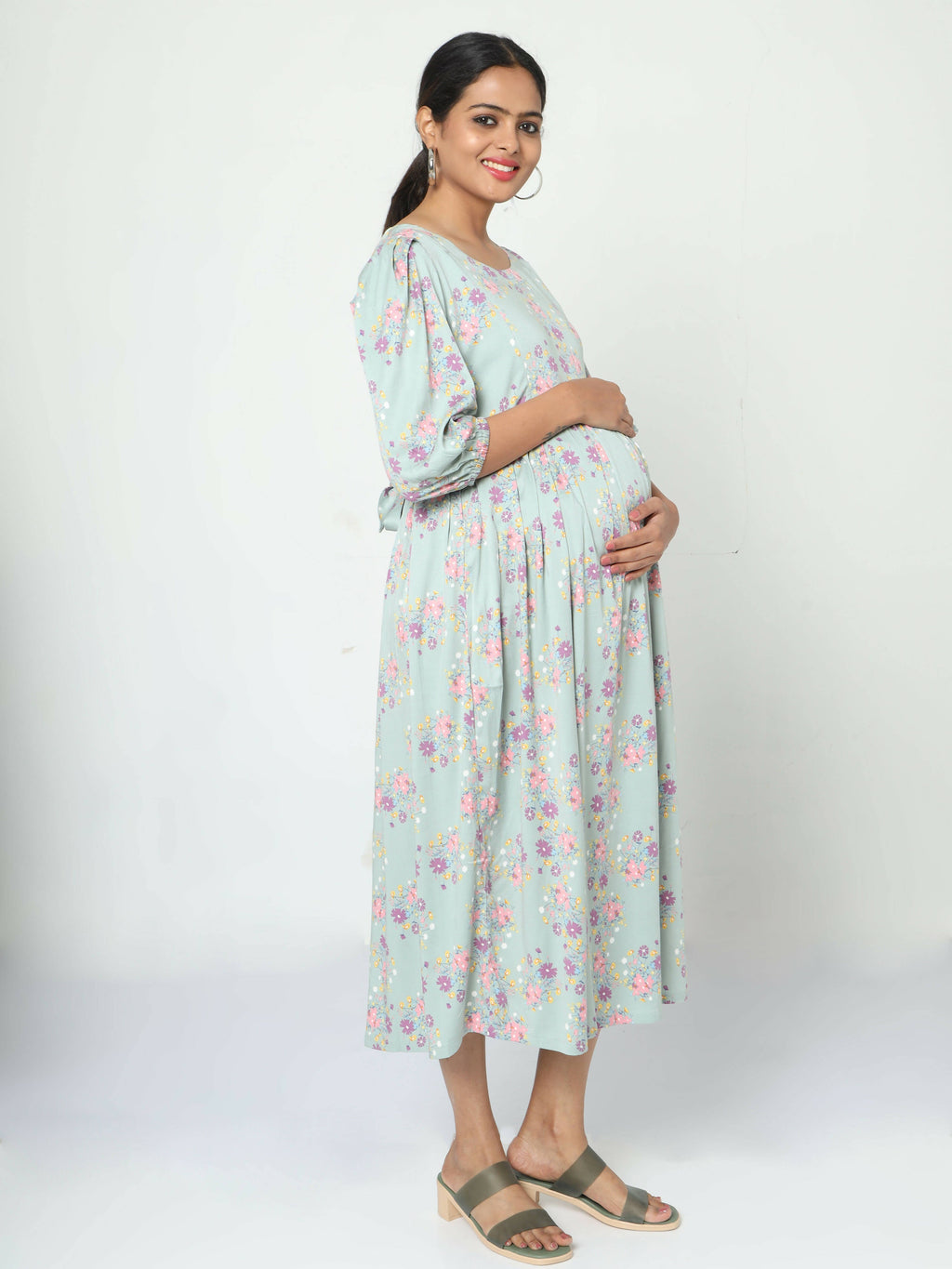 Manet Three Fourth Maternity Dress Pink Floral Print With Concealed Zipper Nursing Access - Green