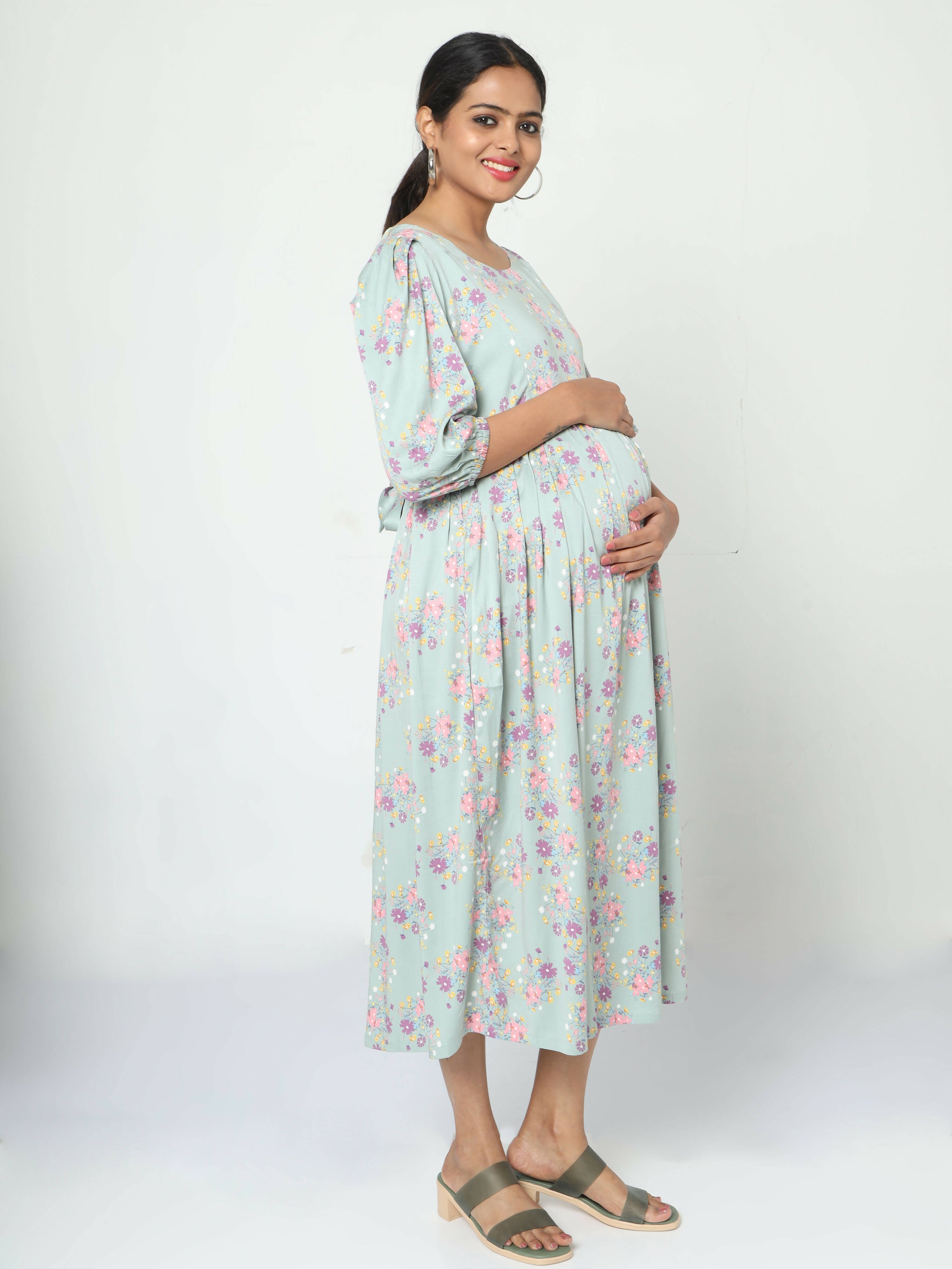 Manet Three Fourth Maternity Dress Pink Floral Print With Concealed Zipper Nursing Access - Green