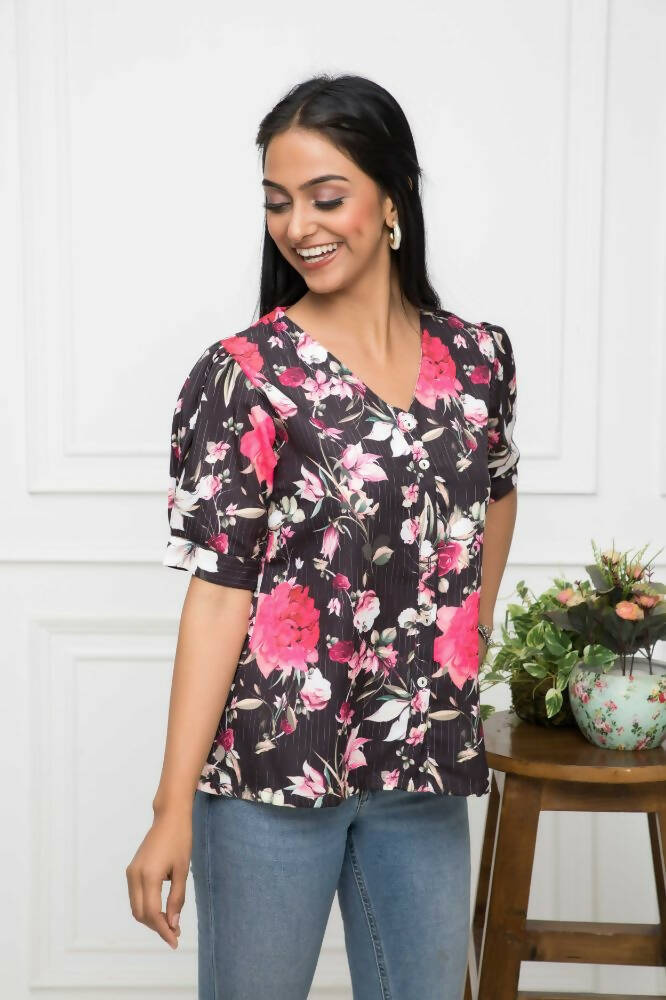Myshka Women V-Neck Regular Sleeves Viscose Rayon Black Floral Top