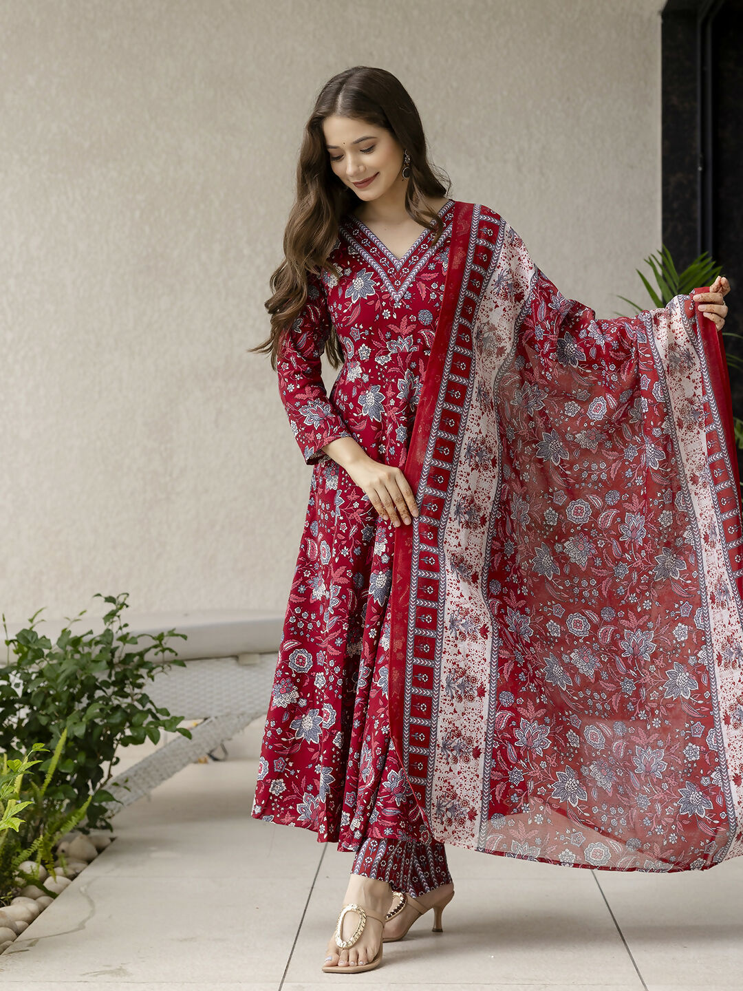 The52 Maroon Women's Gorgeous Rayon Fabric Printed Work Flared Kurta, Pant and Dupatta Set