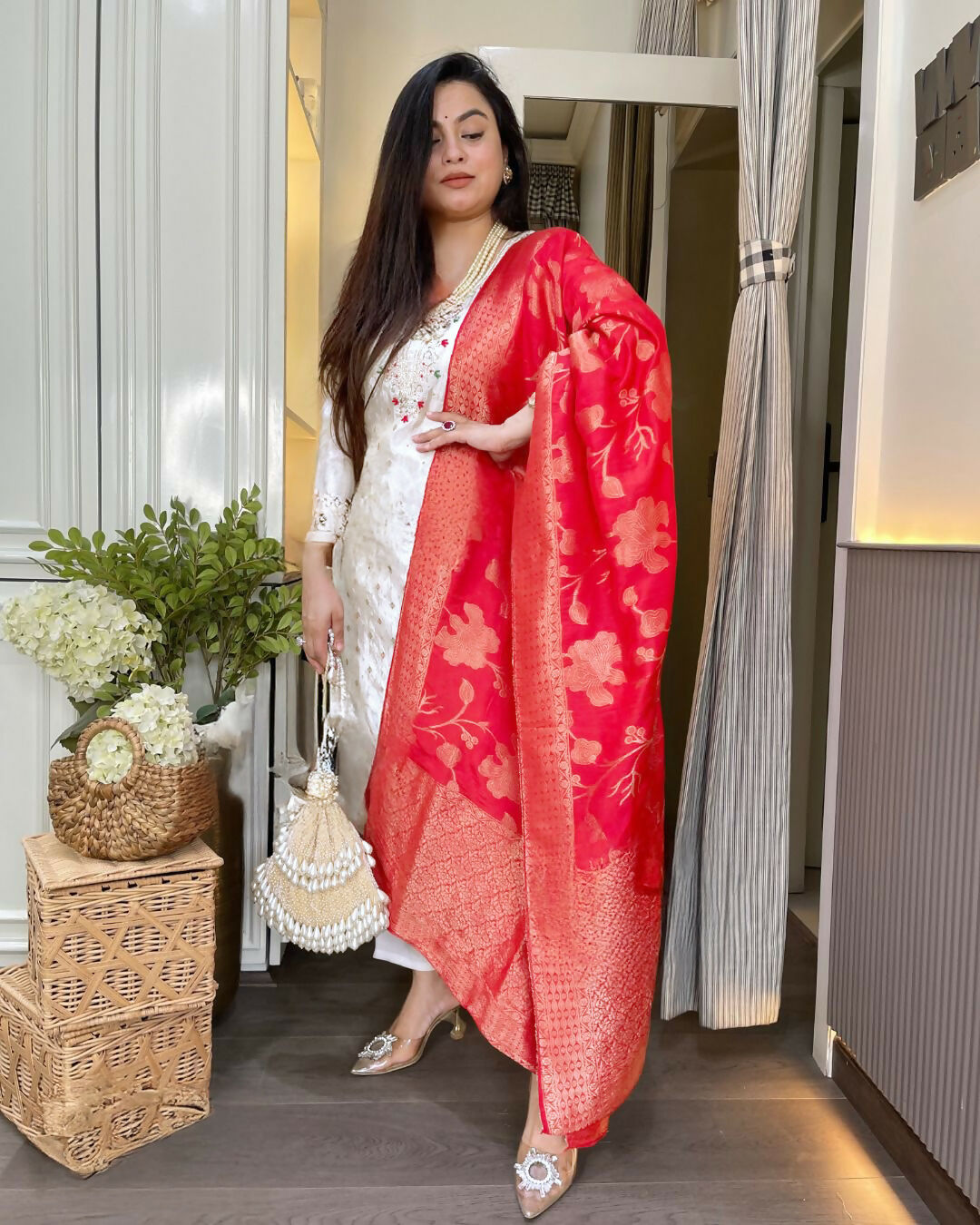 The52 White Women's Beautiful Chanderi Jacquard Fabric Embroidered Work Straight Kurta Pant and Dupatta Set