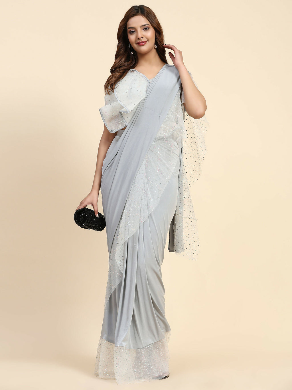 Light Grey Lycra Solid Ready to Wear Saree with stitched Blouse - Nita