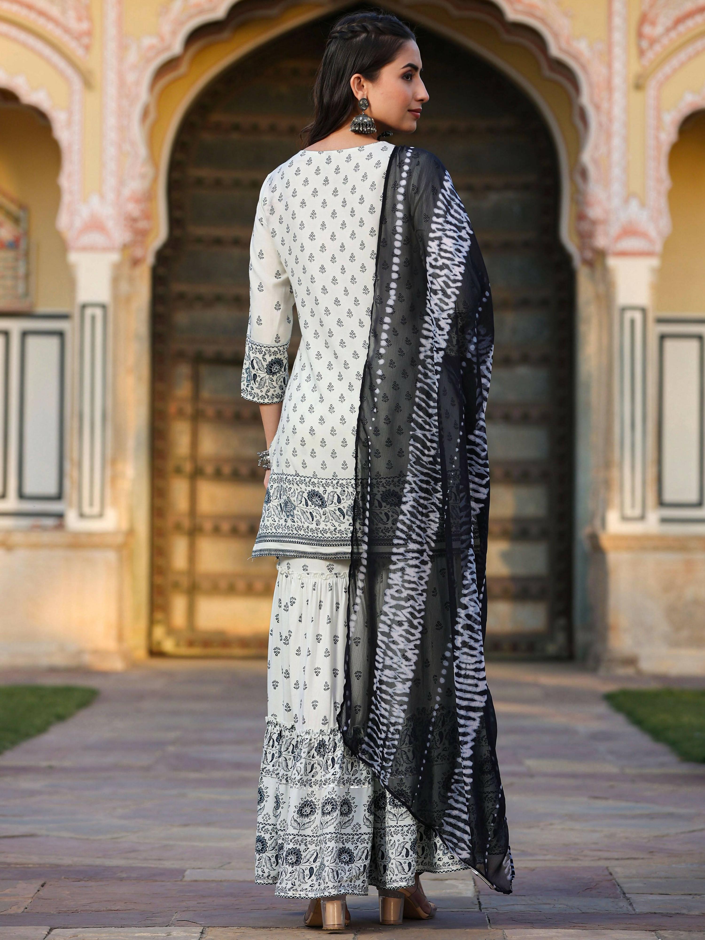 Juniper Women's Off White Rayon Floral Placement Kurta With Sharara And Dupatta Set