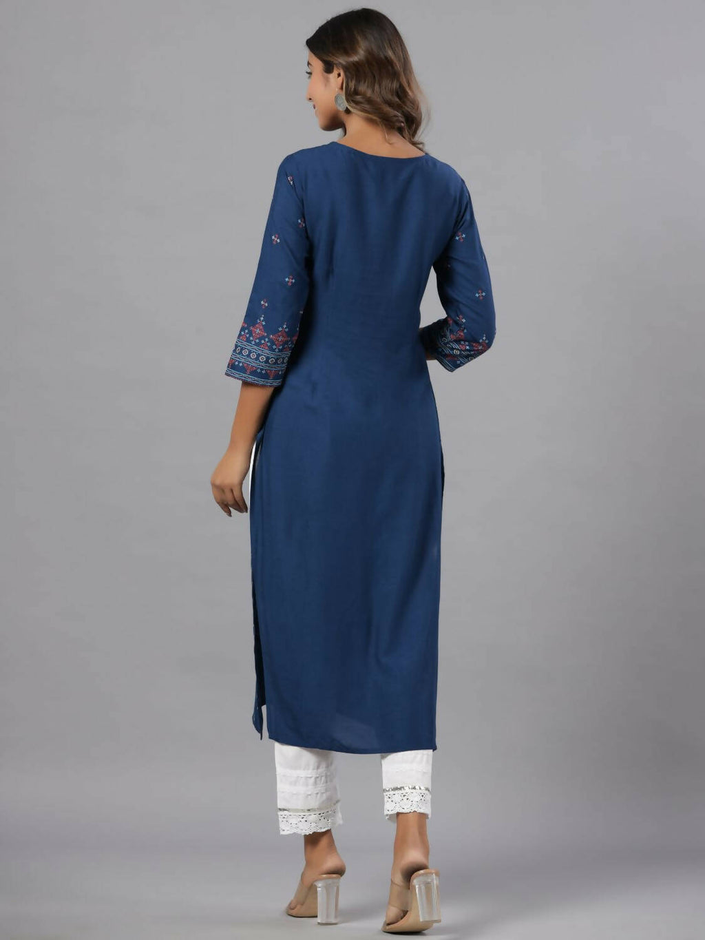 Juniper Women Navy Blue Printed Straight Kurta