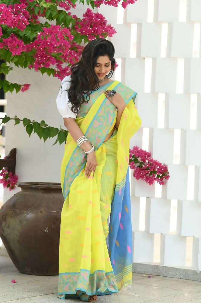 Beatitude Yellow Slub Cotton Floral Jamdani Saree