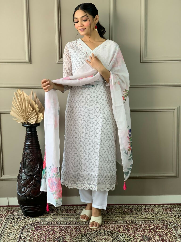 Partywear Designer Linen Cotton with cotton lining Offwhite Stitched Suit With Dupatta - Tanisha