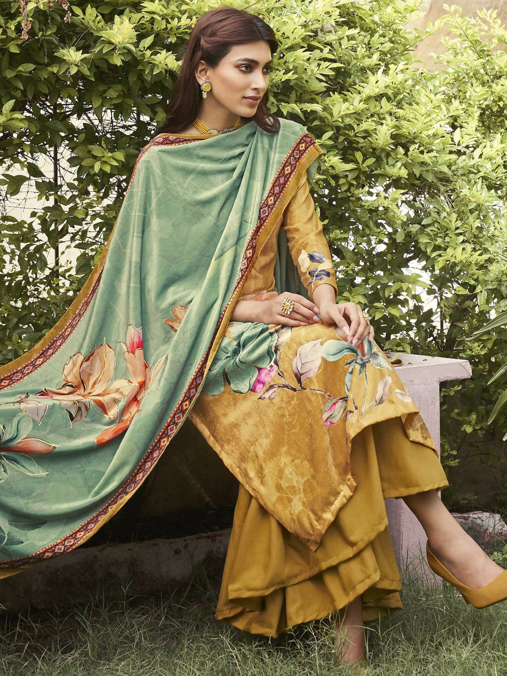 Jyoti Fashion Women's Mustard Velvet Floral Digital Printed Kurta with Trouser & Dupatta