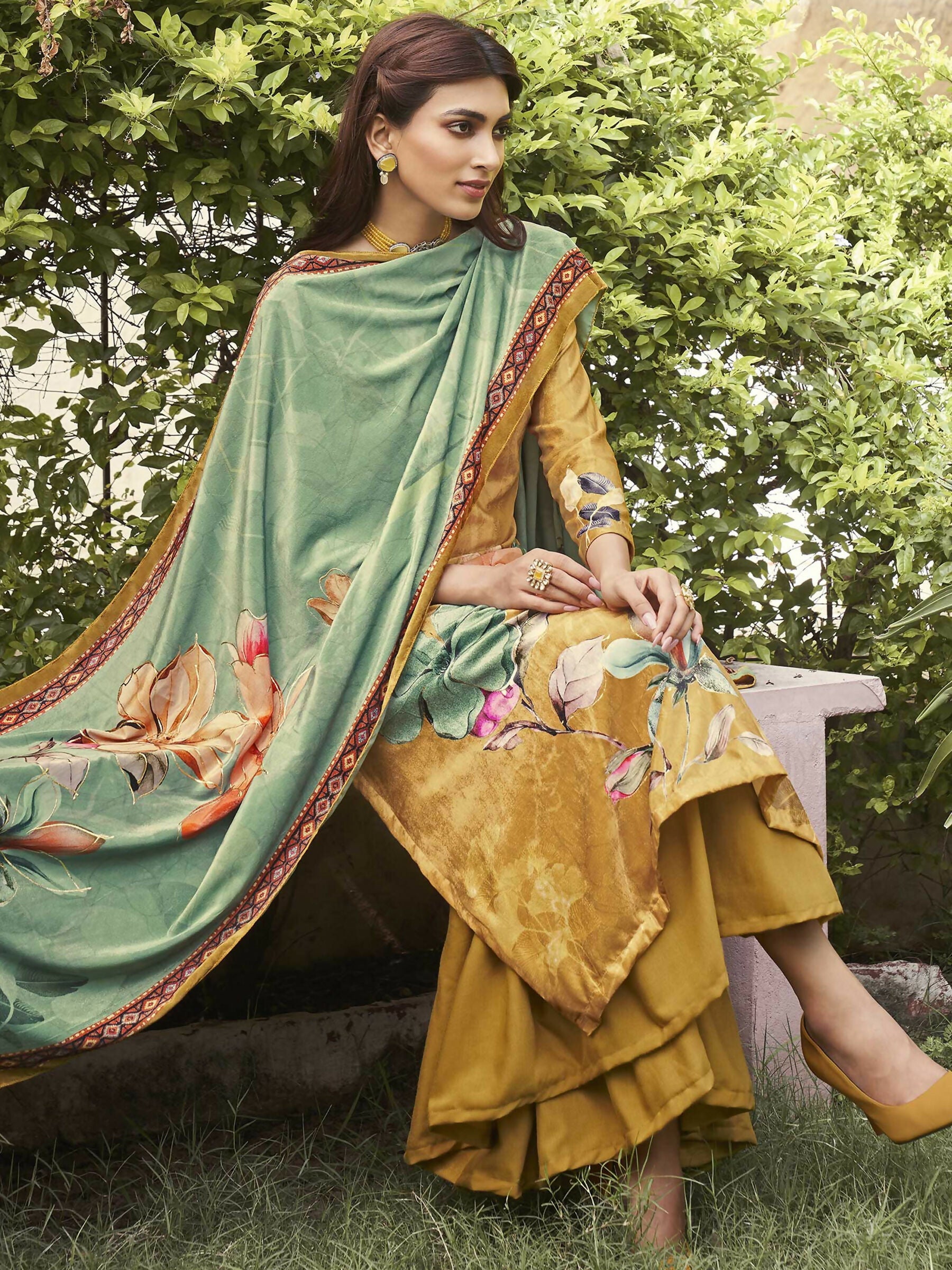 Jyoti Fashion Women's Mustard Velvet Floral Digital Printed Kurta with Trouser & Dupatta