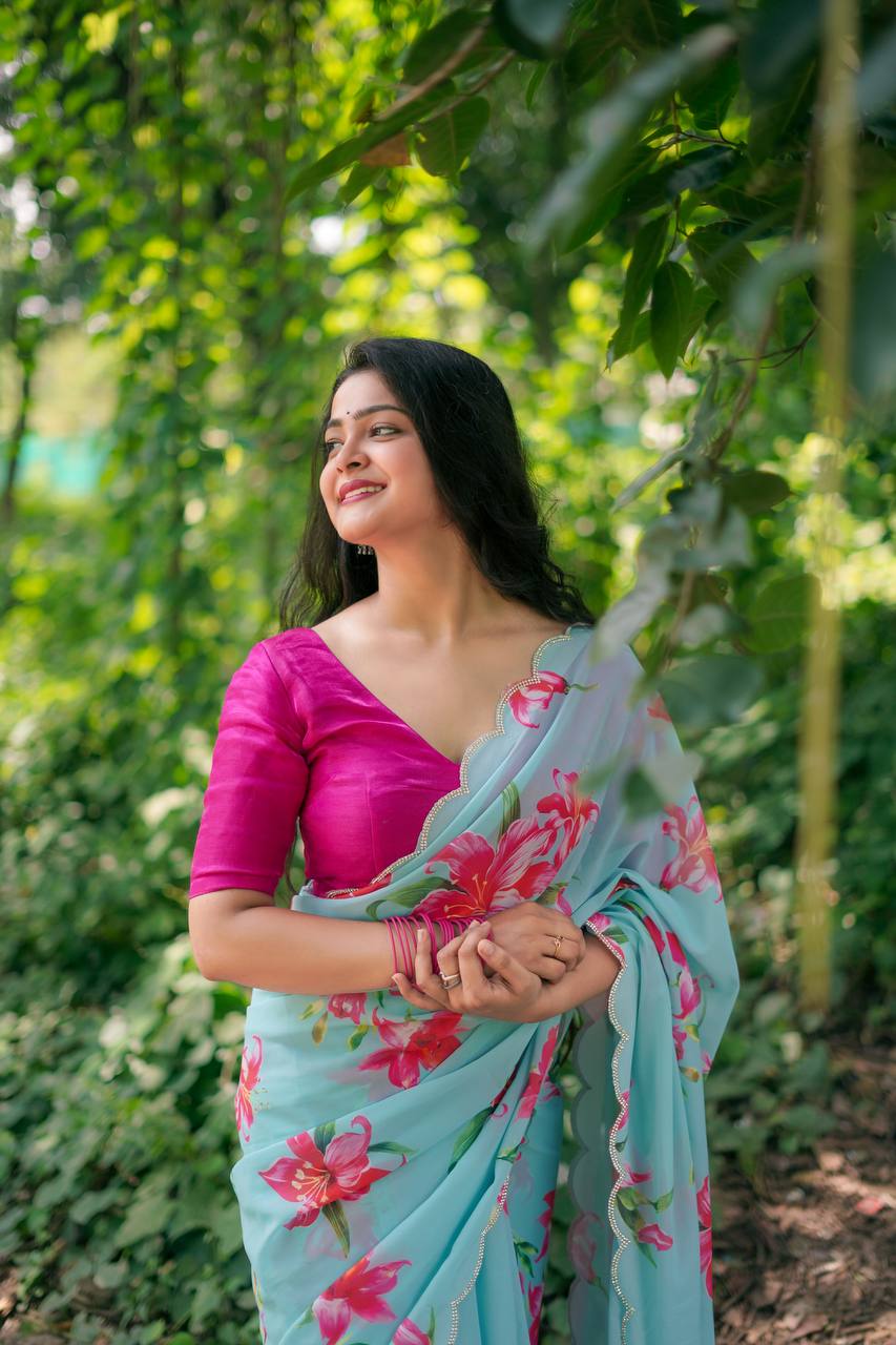 Teeya Creation Sky Blue Color Faux Georgette Digital Print Saree