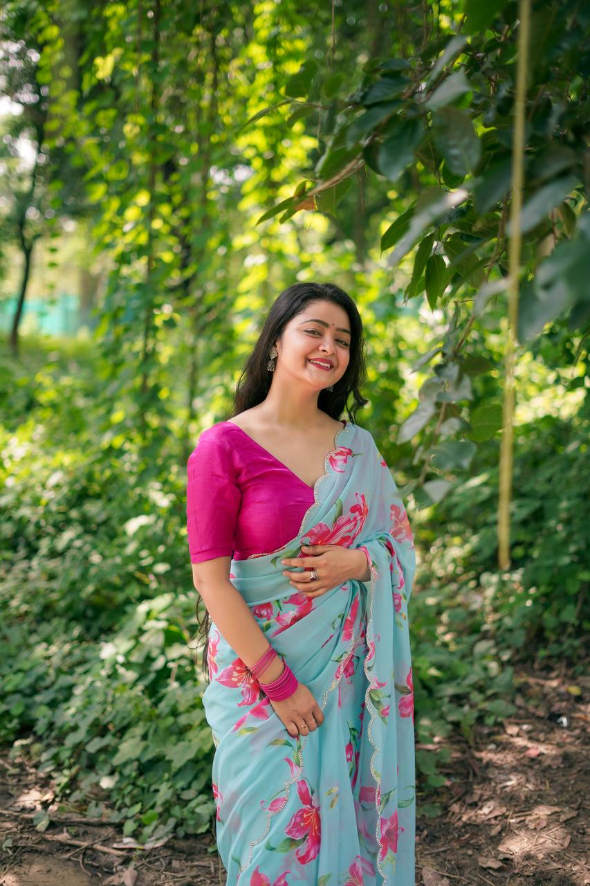 Teeya Creation Sky Blue Color Faux Georgette Digital Print Saree