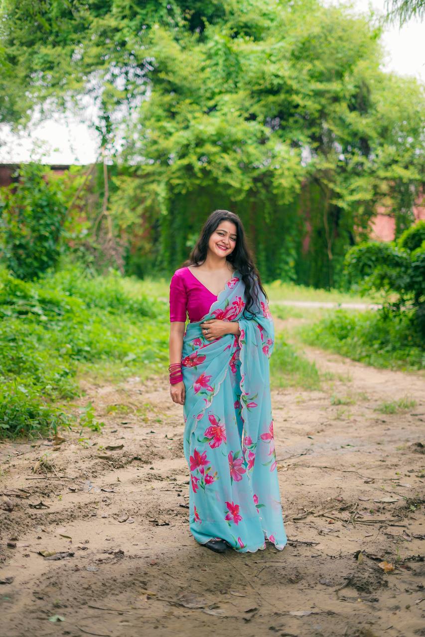 Teeya Creation Sky Blue Color Faux Georgette Digital Print Saree