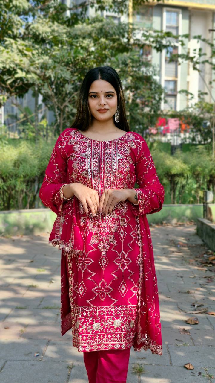 Teeya Creation Rani Color Faux Georgette Heavy Embroidery Work Fully Stitched Salwar Suit