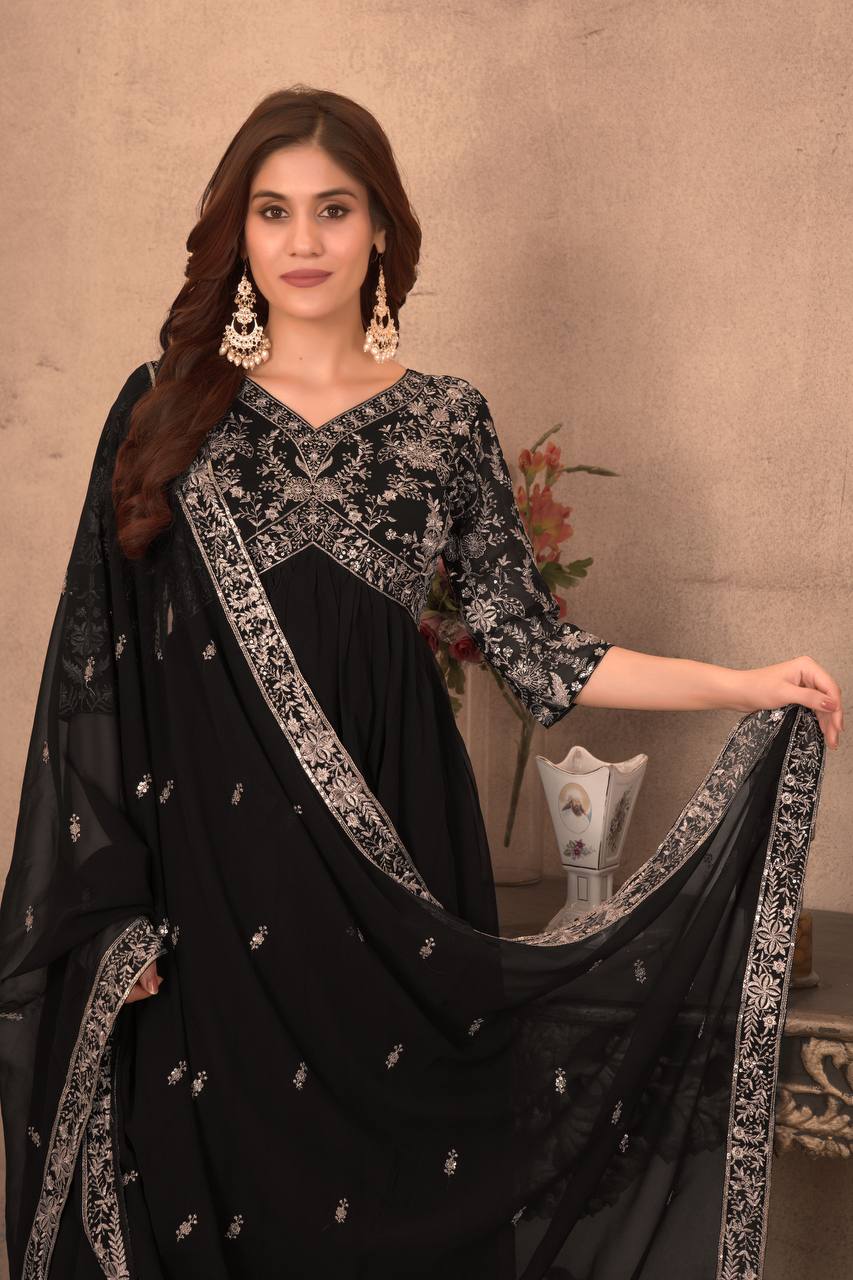 Teeya Creation Black Color Faux Georgette Embroidery Work Fully Stitched Gown