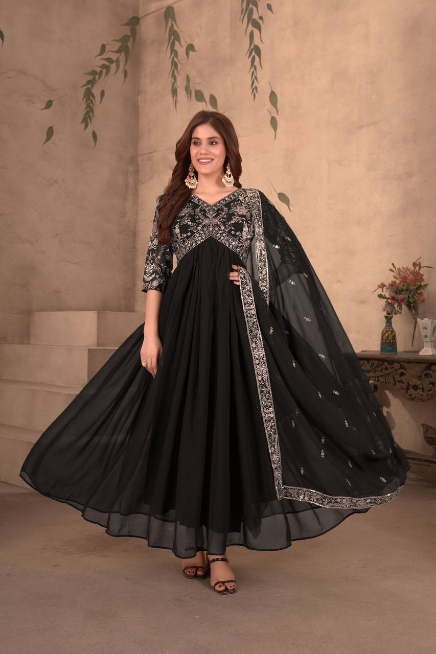 Teeya Creation Black Color Faux Georgette Embroidery Work Fully Stitched Gown
