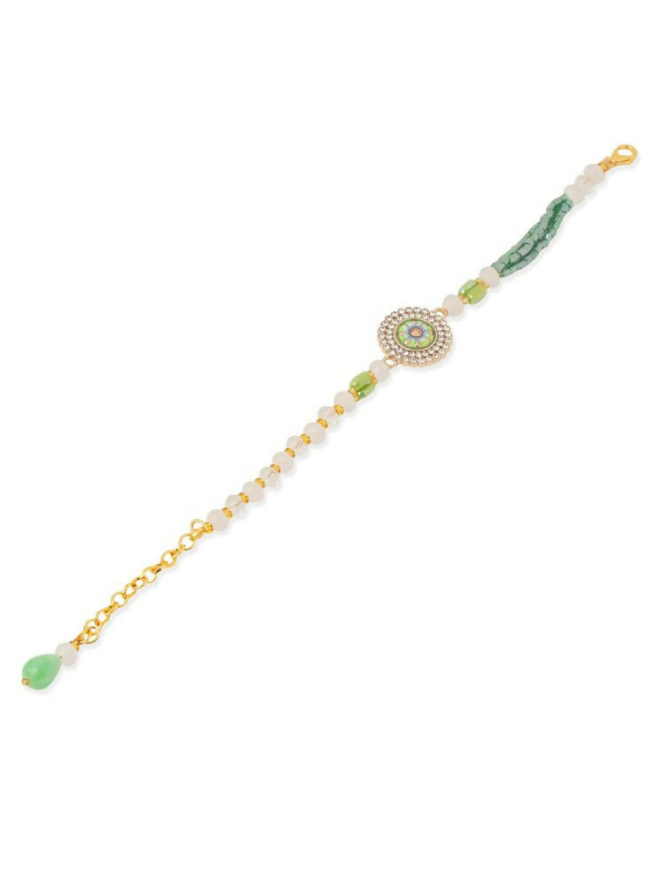 NVR Women Green Artificial Stones & Beads Floral Wraparound Bracelet