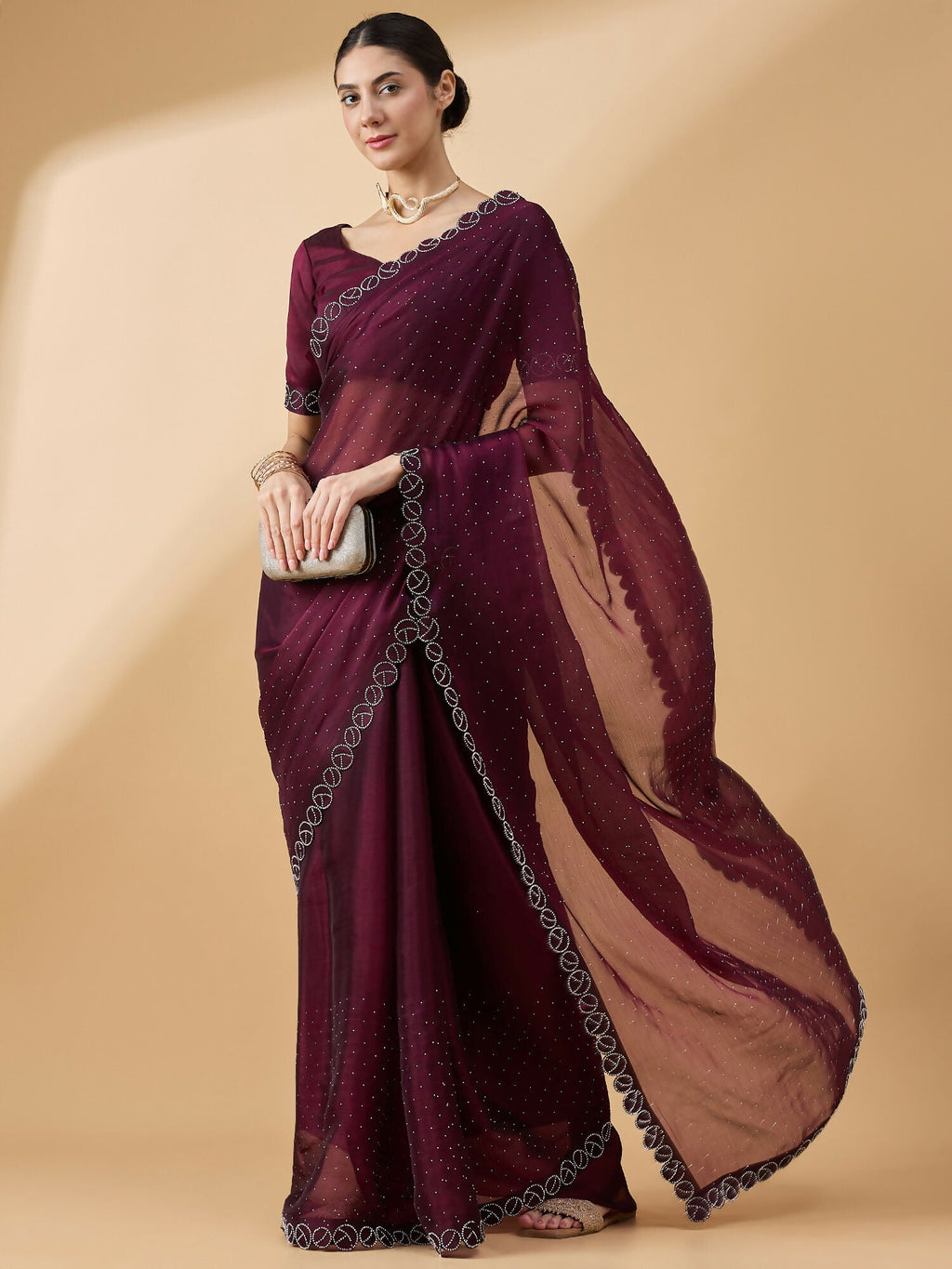 Purple Organza Swaroski Diamond Work Saree with Unstitched Blouse - Radha