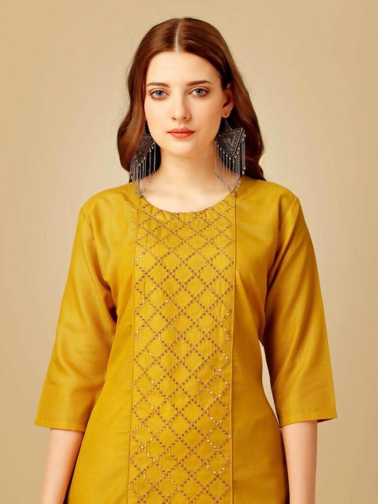 Jyoti Fashion Women's Yellow Cotton Blend Embroidered Kurta Pant Set