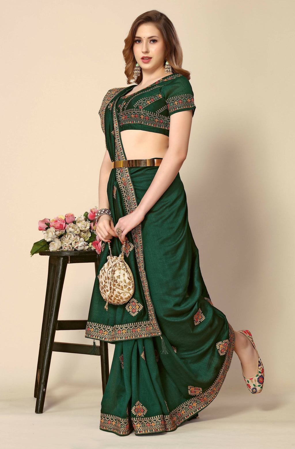 Green Chinon Embroidered Saree with Unstitched Blouse Piece - Roozal
