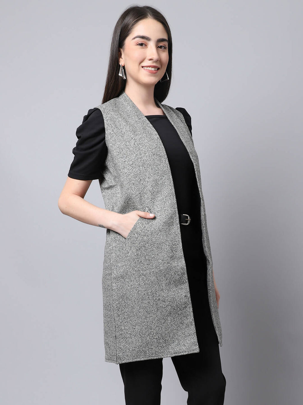 Even Apparels Grey Pure Wool Open Front Woolen Women's Long Coat