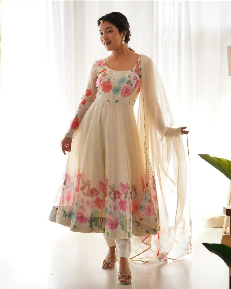 Joban Fashion Cream Kurta Set Organza Sequin Embroidery Work