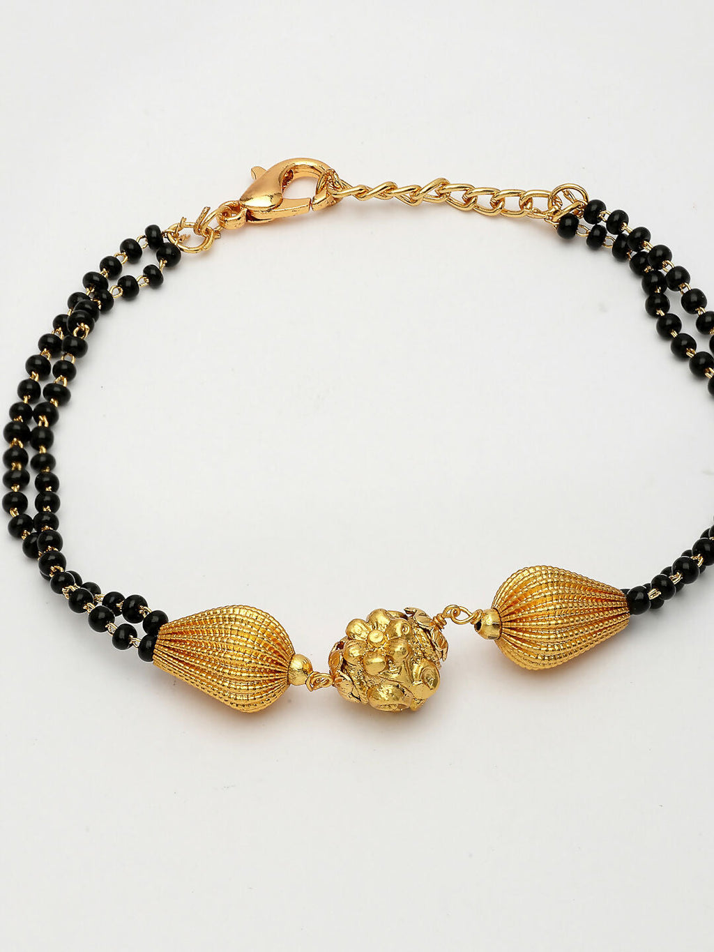 NVR Women Gold-Polished & Black Brass Hand Mangalsutra Link Bracelet